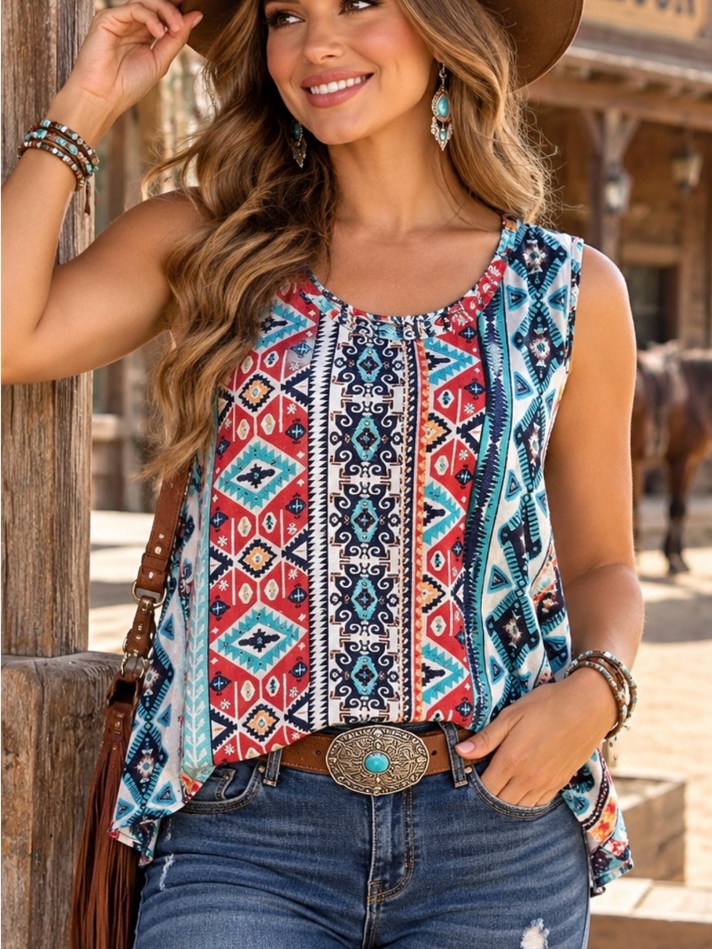 Collections Etc. Sleeveless Aztec Print Tank Top-EUC